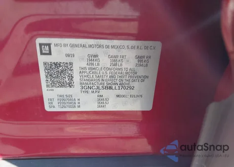 2020 Chevrolet Trax Fwd Lt z USA, uszkodzony, nr VIN 3GNCJLSB8LL170292